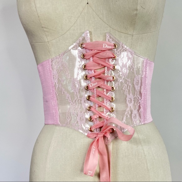 Vintage pink lace Y2K cinch waist underbust lolita corset with Dior ribbon - Picture 3 of 7